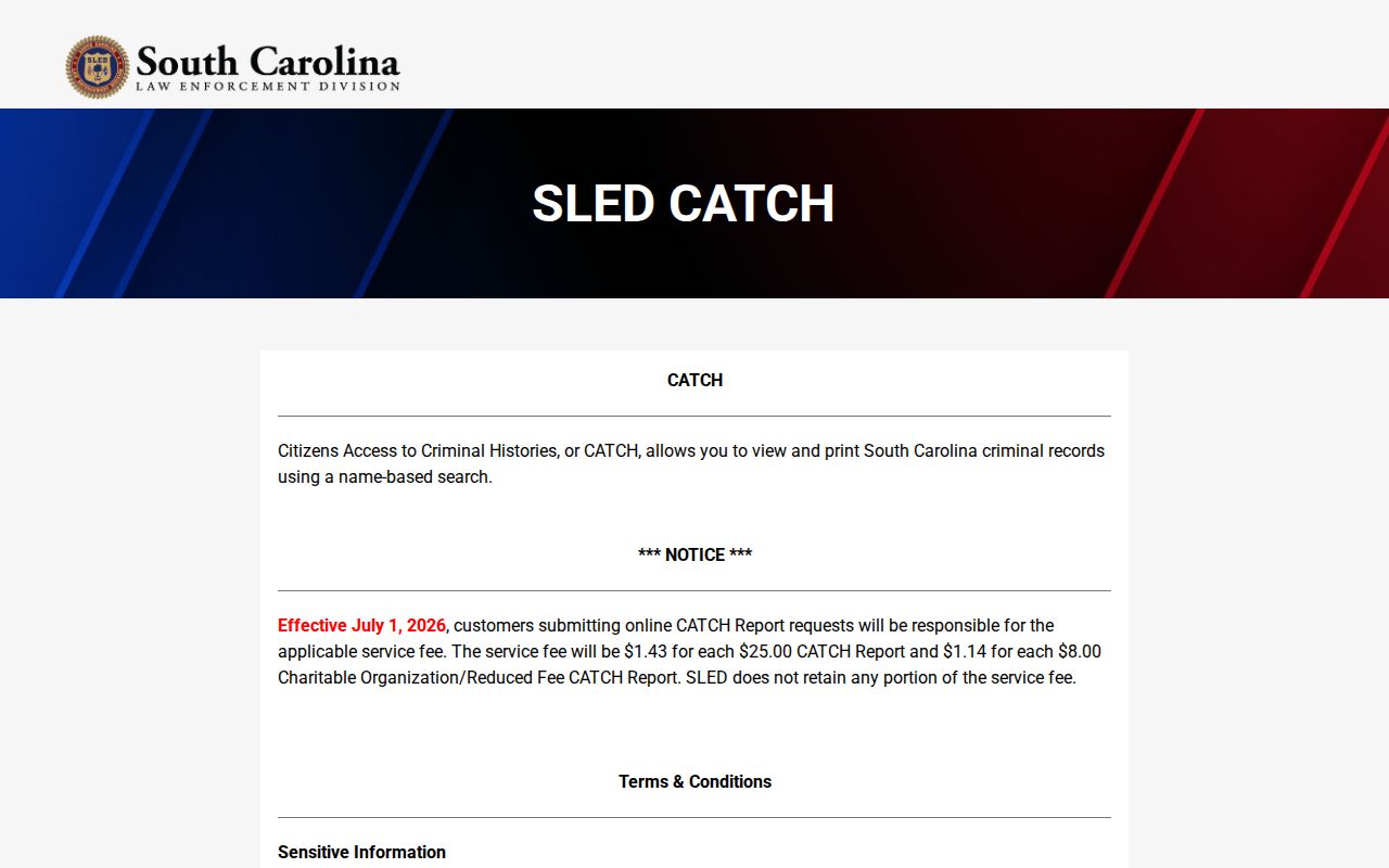 Lancaster County arrest warrant search boundary for the SLED CATCH service