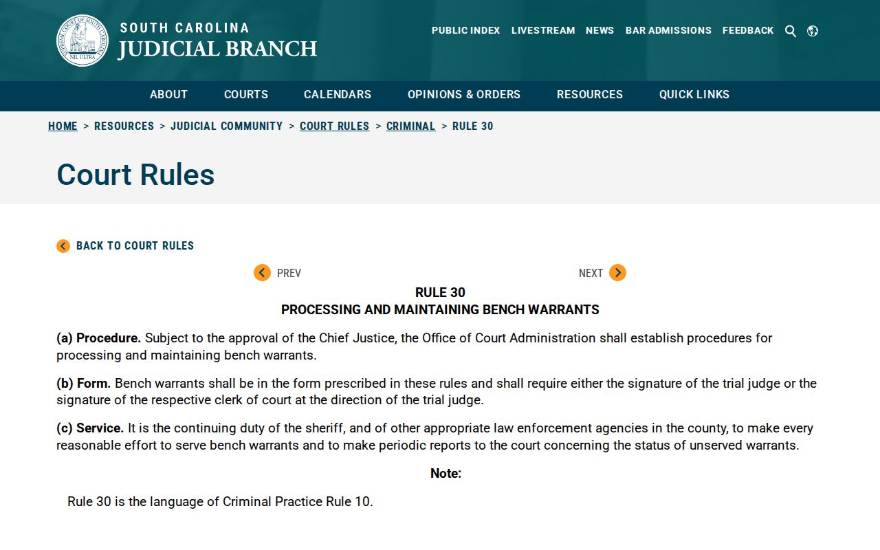 Lancaster County arrest warrant service procedure under South Carolina Rule 30