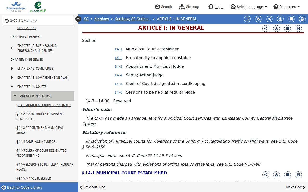 Lancaster County traffic warrant routing and Kershaw municipal court services ordinance